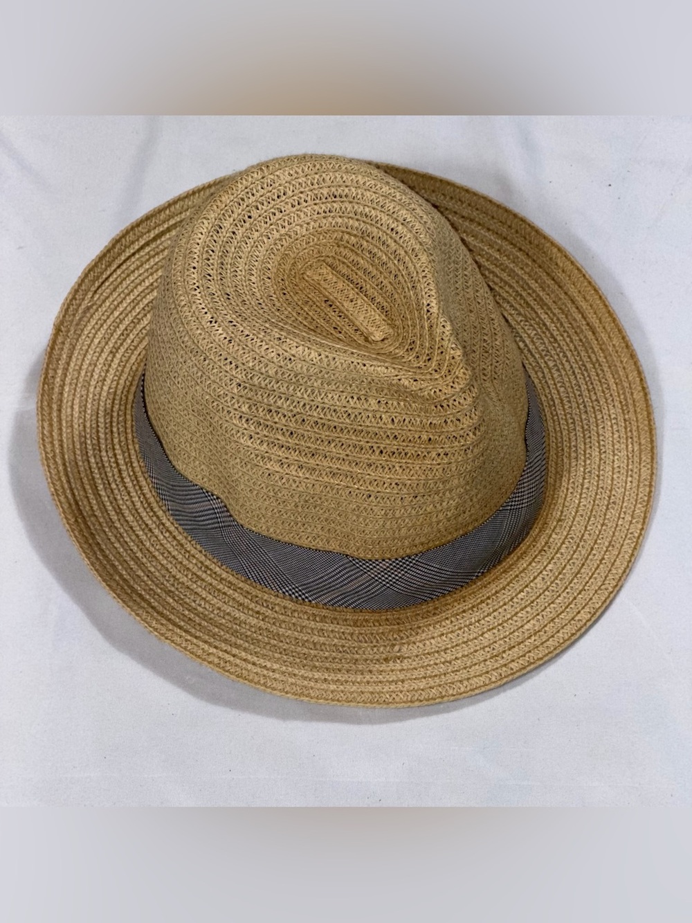 Dockers Men's Tan Straw Fedora Gray Plaid Band One Size Summer Hat